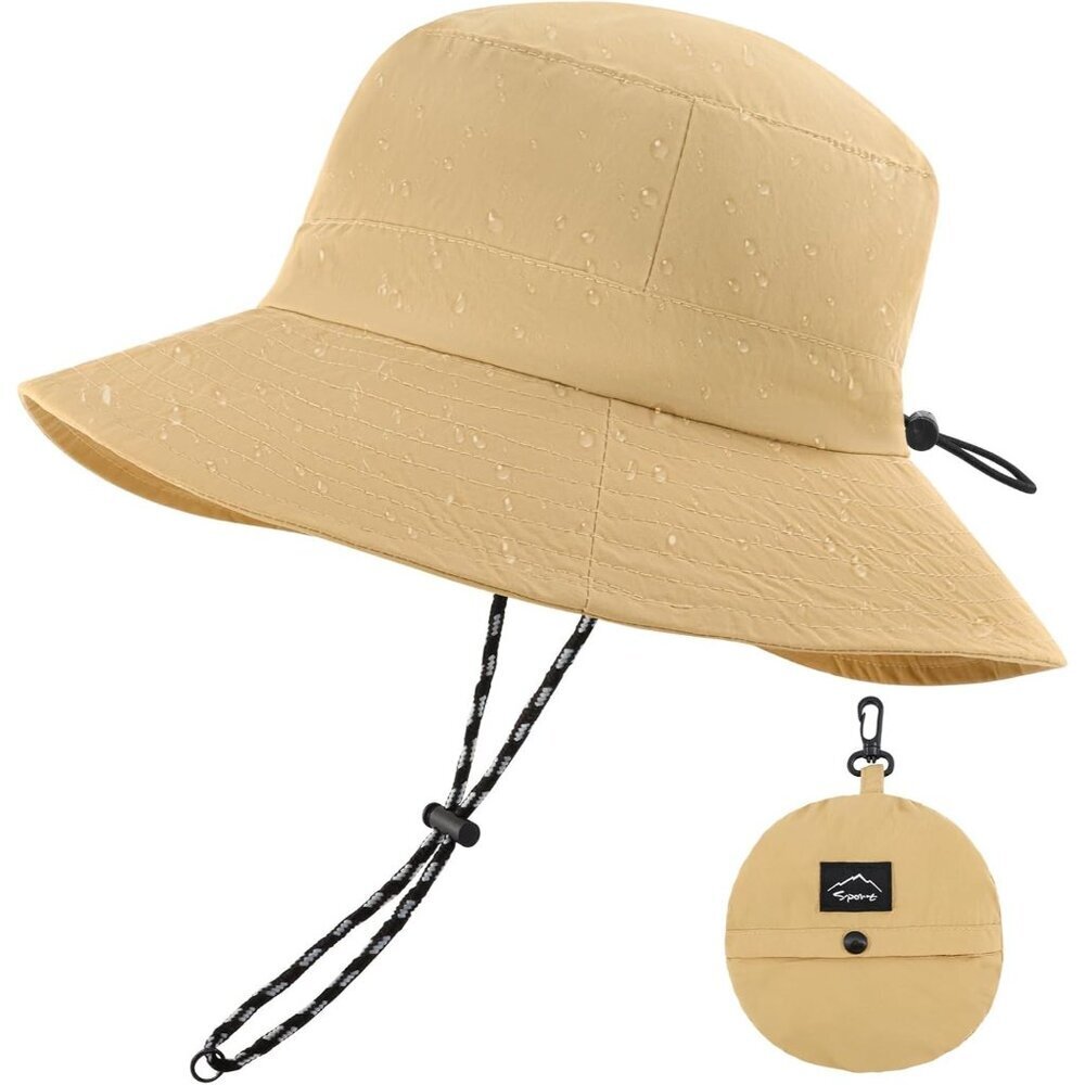Unisex Khaki 100% Nylon Waterproof Wide Brim Mesh Vent Chin Strap Bucket Hat